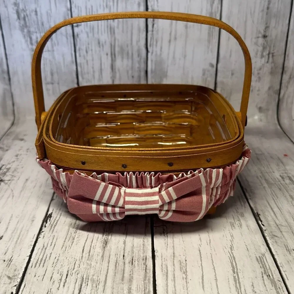 1999 Longaberger Handwoven Single Handle 6.5” Square Basket Pink Garter Protecto
